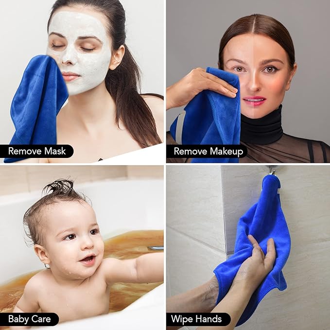 SINLAND Microfiber Facial Cloths Fast Drying Washcloth 12inch x 12inch (6pack, Blue+Navy Blue+Grey)