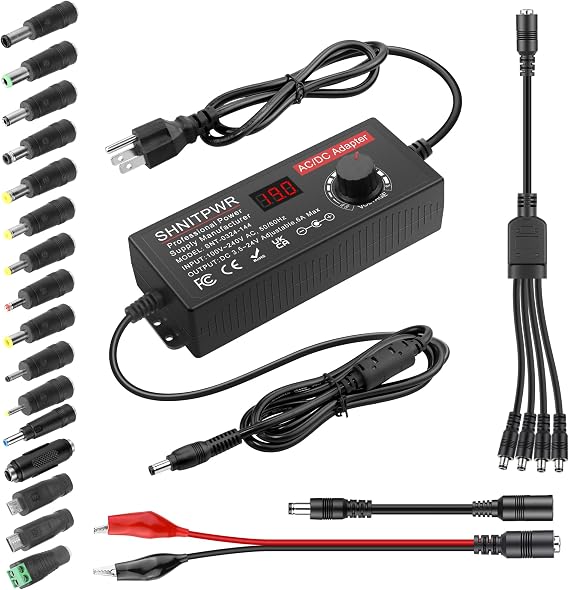 SHNITPWR 144W Adjustable Power Supply DC 4V-24V 6A Variable Universal AC/DC Adapter with LED Display,16-in-1 Tips,Alligator Clips,4-Way Splitter,Polarity Converter, for LED Strip,CCTV,Camera,Radio