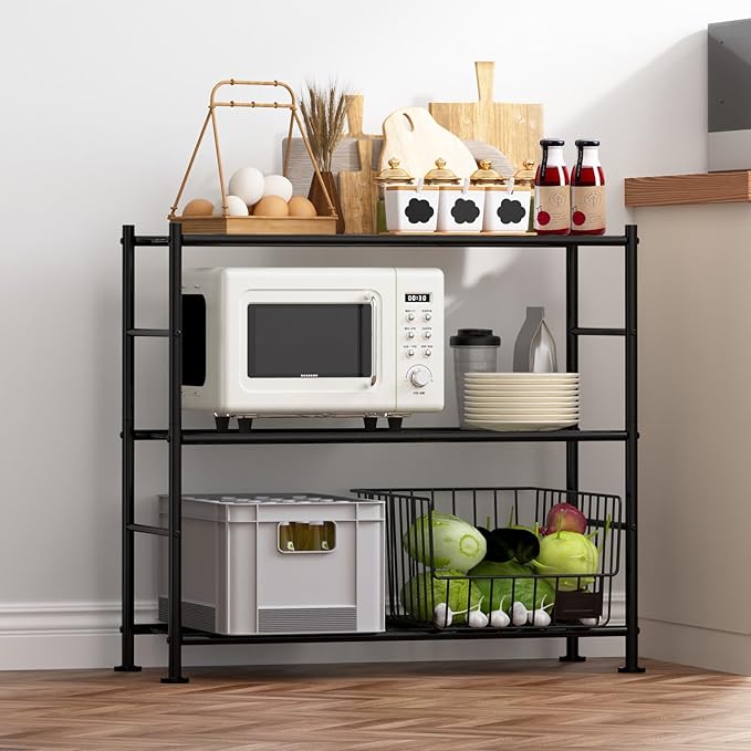 Storage Shelves - 3 Tier Shelf Organizer, Heavy Duty Garage Shelving Unit with Leveling Feet, Stable Metal Shelves Organizer for Pantry, Kitchen and Closet, 33.0" W x 12.6" D x 30.4" H, Black