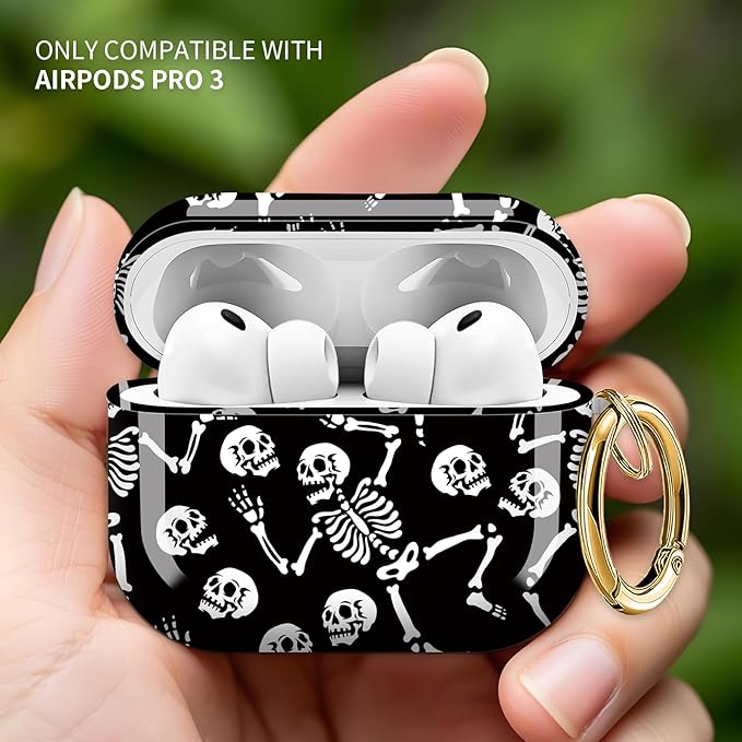 Cute Hard Case Compatible with AirPods Pro 3rd Generation Case (2025), Shockproof Protective Cover with Golden Keychain Ring Clip (Skeletons Dancing)