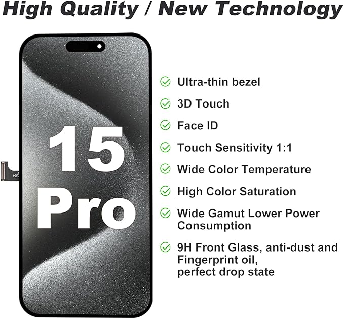 DIGI4U LCD for iPhone 15 Pro Screen Replacement, 6.1''[3D Touch][Small Notch] Screen for iPhone 15 Pro Display Digitizer Assembly, with Repair Tools for iPhone 15 Pro LCD
