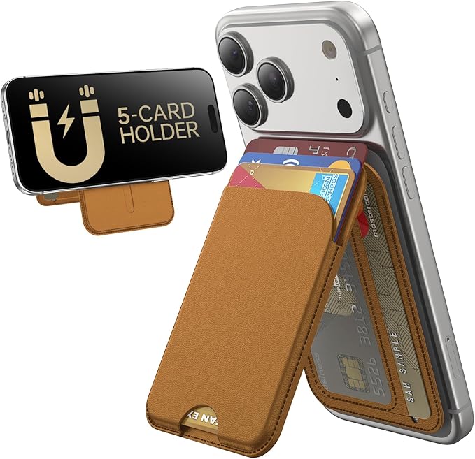 for MagSafe Wallet, 5 Cards Holder with Stand, Magnetic Phone Wallet Stand for iPhone 17/16/15/14/13/12 Pro Max Air Plus Series, RFID Blocking Vegan Leather,Brown
