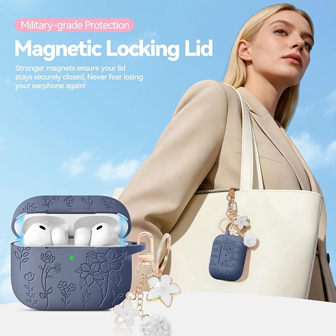 for Airpods Pro 3 Case with Magnetic Lid, Flower Engraved Case Cover Compatible with AirPods Pro 3rd Generation 2025, Soft Silicone Cases with Keychain & Cleaner for Women Girly, Shockproof
