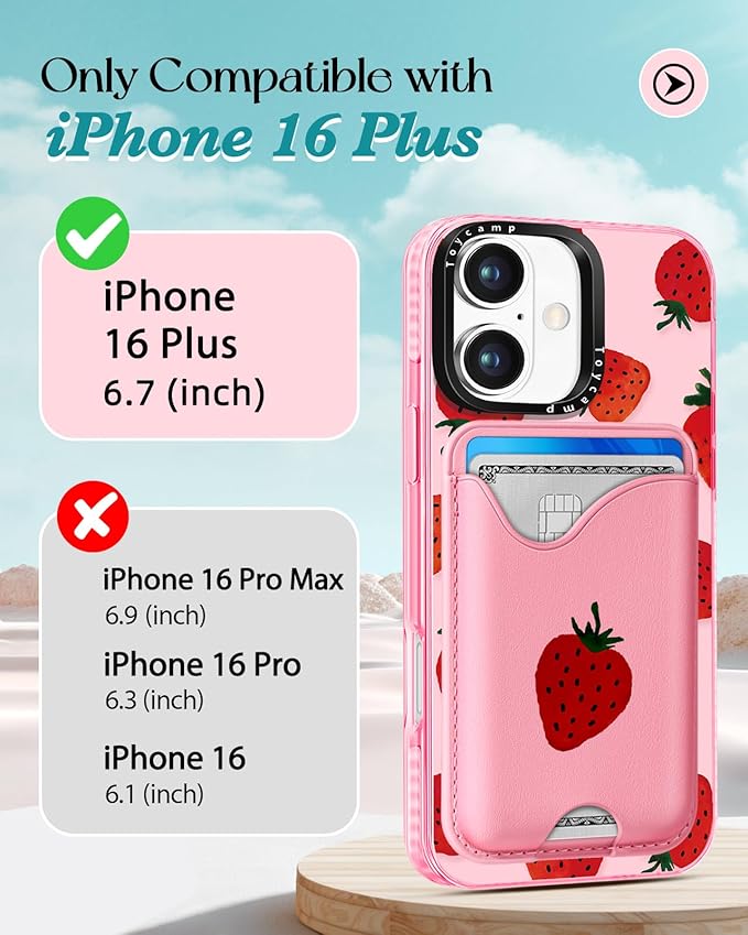 Toycamp for iPhone 16 Plus Case - Compatible with Magsafe Credit Card Holder Wallet Magnetic Cute Women Teen Girls Kawaii Girly Unique Strawberry Design Phone Cover for Apple 16 Plus 6.7"