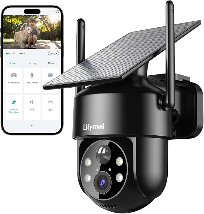 LITYMOL 2K 2.4g WiFi Security Cameras Wireless Outdoor, 360° View Solar Cameras for Home Security, Color Night Vision, Motion Detection, 2-Way Audio, Spotlight Siren Alarm, SD/Cloud Storage