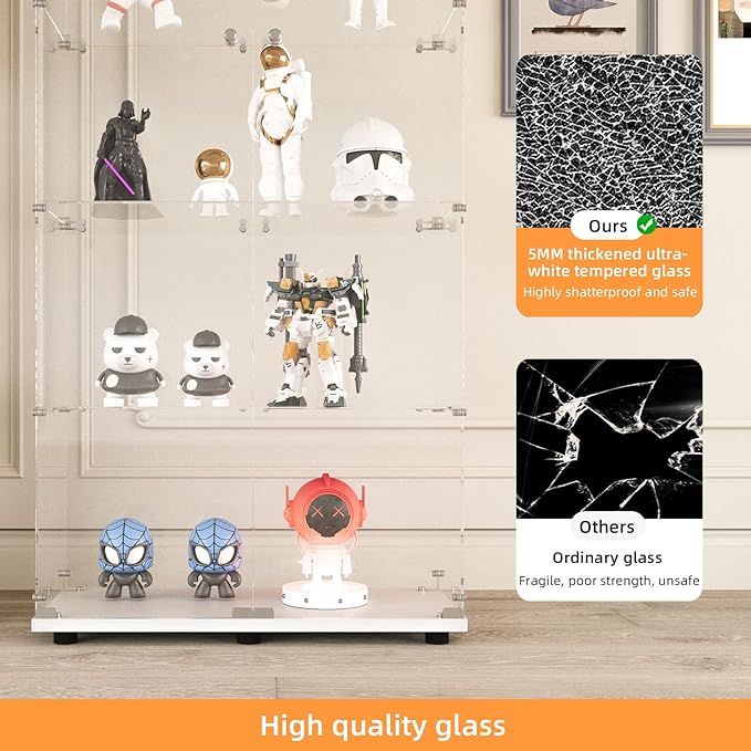LFT HUIMEI2Y Glass Display Cabinet with LED Lights and Lock, 2 Door Curio Cabinets, Tempered Glass Collection Display Showcase for Bedroom, Living Room 65” White