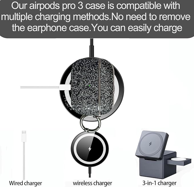 for Glitter AirPods Pro 3 Case 2025| Cute Bling Hard Air Pods Pro 3 Case (Model A2700/A2931) | with Keychain | Sparkly Rhinestone iPods Pro 3 Cases for Women Girl(Black)