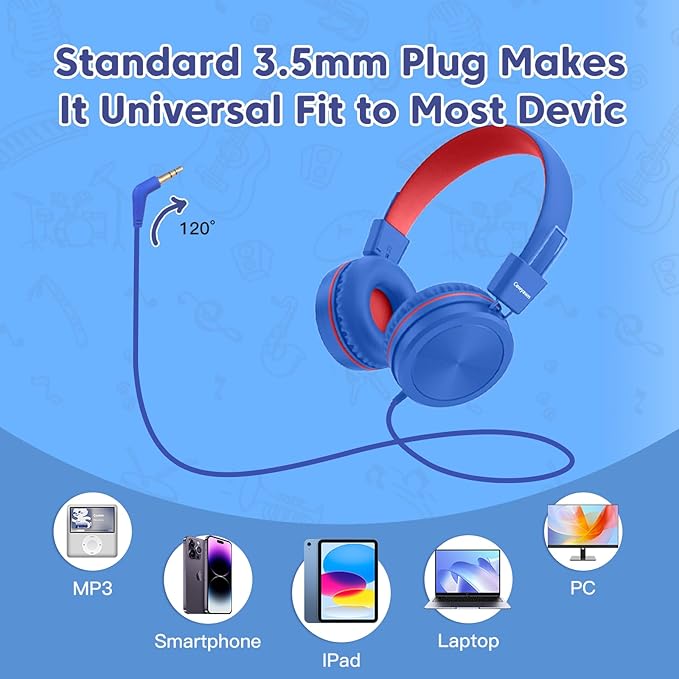 Kids Headphones, Toddler Headphones with Safe Volume Limiter 94dB, Wired School Headphones for Kid, 3.5mm Adjustable On-Ear Headphone for Boys/Girls/Children/Teens/iPad/Computer, Navy Red