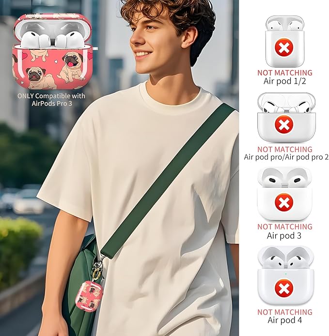 Compatible with AirPods Pro 3 Case 2025 for Women Girls – Cute Shockproof Protective Cover with Gold Round Buckle, Anti-Drop Soft Case for AirPod Pro 3rd Gen (Animated Pug Dog Red Heart)