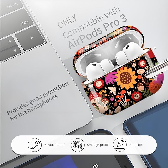 Compatible with AirPods Pro 3 (2025) Case, Airpod Pro 3 Protective Cover with Cute Golden Keychain for Girls & Women (Mushroom Sunflower)