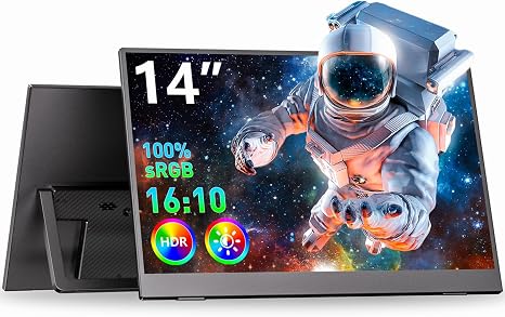 WUAWE 14" Portable Monitor FHD 1080P, Ultra Slim Built-in 180° Adjustable Stand, Second Screen for Laptop, Desktop, Tablet, Phone, Xbox, PS4/PS5, GEEKOM.
