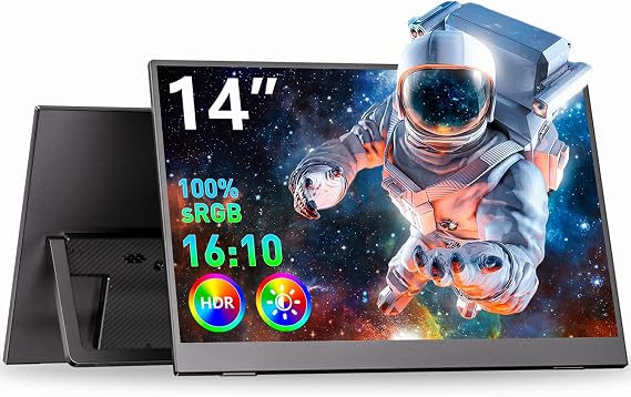 WUAWE 14" Portable Monitor FHD 1080P, Ultra Slim Built-in 180° Adjustable Stand, Second Screen for Laptop, Desktop, Tablet, Phone, Xbox, PS4/PS5, GEEKOM.