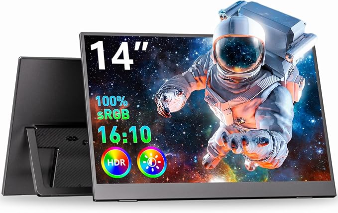 WUAWE 14" Portable Monitor FHD 1080P, Ultra Slim Built-in 180° Adjustable Stand, Second Screen for Laptop, Desktop, Tablet, Phone, Xbox, PS4/PS5, GEEKOM.