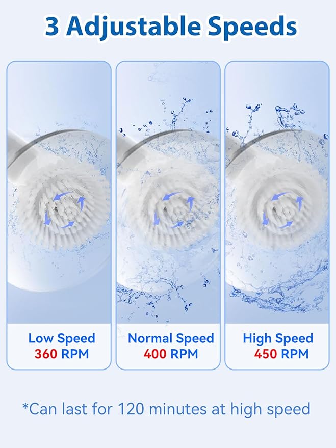 Electric Spin Scrubber for Bathroom,Shower Cleaning Brush,Cordless Shower Scrubber with 8 Replaceable Brush Heads and Adjustable Extension Handle,3 Adjustable Speeds for Kitchen Car, White