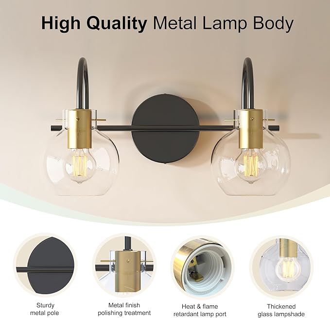 Modern Bathroom Vanity Light 2-Light Wall Sconce, Black & Gold Finish with Clear Glass Shades, Bathroom Light Fixtures Mirror Lighting for Kitchen, Bedroom, Hallway, – Easy Installation