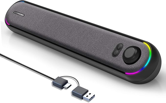 Computer Speakers USB Powered SoundBar for Home Office, Desktop PC Speaker, USB-C, Bluetooth 5.3 PC Speakers with Hi-Fi Stereo Sound, 3 RGB Modes for Mac, Laptop & Monitor