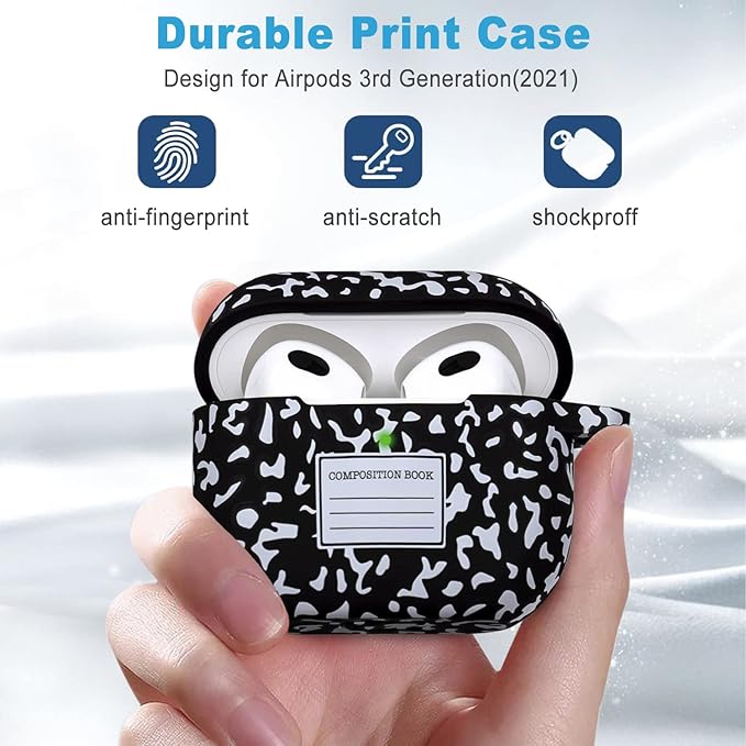 Silicone Compatible with AirPods 3 Case 2021 (Not Fit Pro), Gawnock Soft Case Compatible with AirPods 3rd Generation Floral Print Cover for Women Girls with Keychain (Composition Book Black)