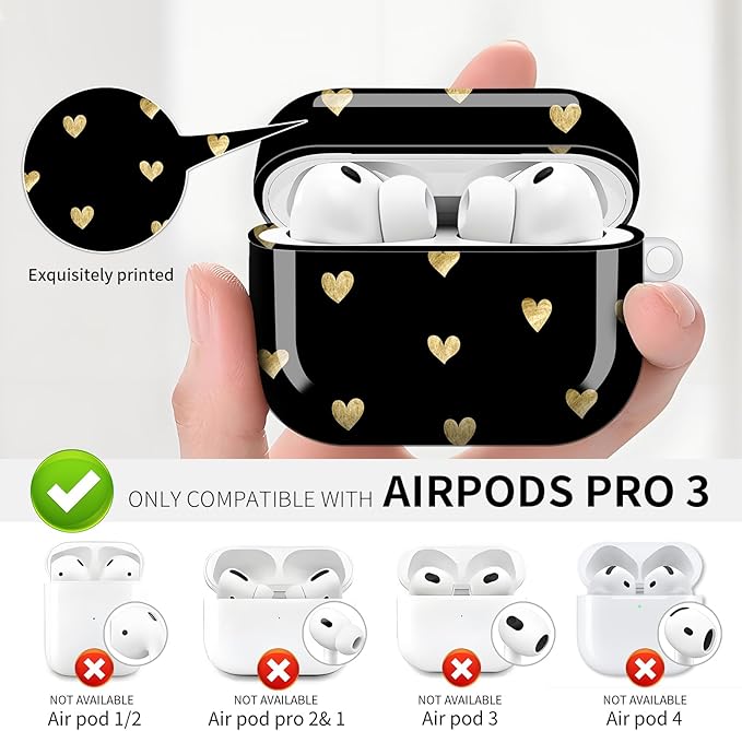 Compatible with AirPod Pro 3 (2025),Cute Case Cover for Women & Men, Full Protection Shockproof Hard Case with Keychain, Wireless Charging Case Accessories(Gold Hearts)