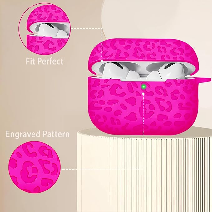 Engraved Leopard Case Compatible with AirPods Pro 2 Case Cover 2022,Soft Silicone Caeving Cover for Women Girls, Hot Pink