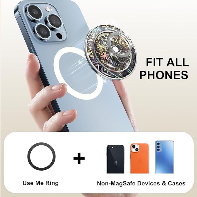 Transparent Magnetic Phone Grip Compatible with MagSafe Phone Ring Holder,360°Adjustable & Removable Silver Star Diamond Laser11 Design Magnet Stand for Phones and Tablets