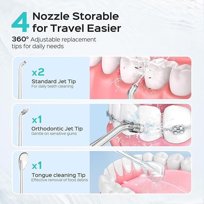 COSLUS T40 Mini Water Flosser for Travel: Portable Compact Design, Cordless Oral Irrigator with 4 Jet Tips, Removable Tank & IPX7 Waterproof for Braces, Sensitive Teeth & On-The-Go Use, Pink Purple