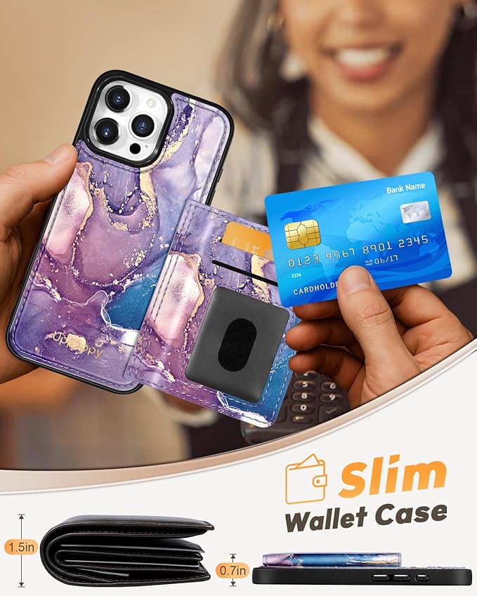 for iPhone 16 Pro Case with Wallet - Fits 4 Card Slots, Compatible with MagSafe for Women Aesthetic Durable PU Leather Credit Card Holder Kickstand Phone Cover for Apple 16 Pro, Purple Marble