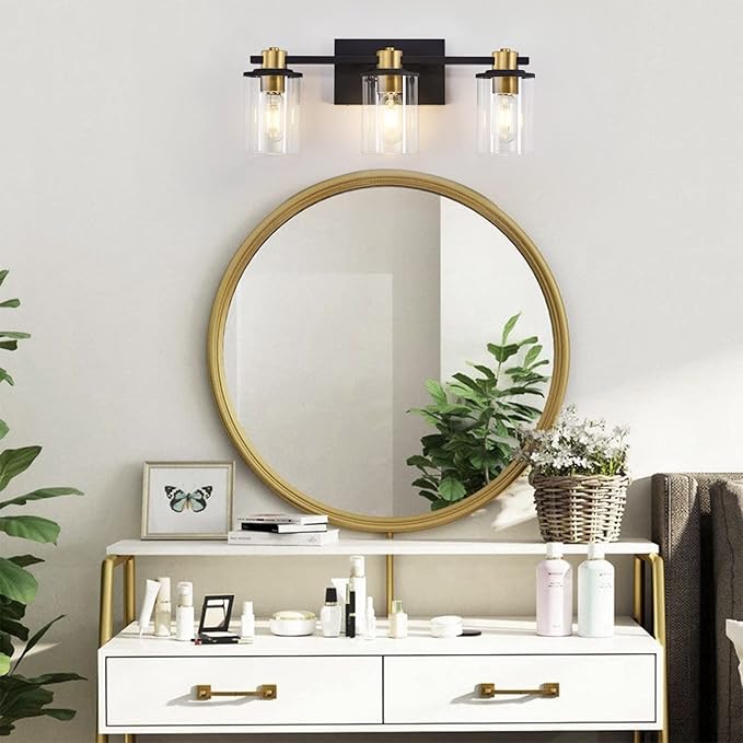 stambord 3 Light Bathroom Vanity Light, Black and Gold Light Fixtures, Sconces Wall Lighting with Glass Shade, Modern Brushed Vanity Lights for Bedroom, Hallway