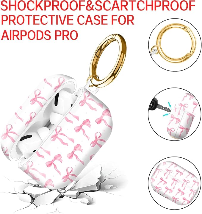Compatible with AirPod Pro Case 2nd/1st Gen (2023/2022/2019),Shockproof Protective Cover with Keychain for Women,Cute Charging Case for Airpod Pro 2/1(Pink Bows)