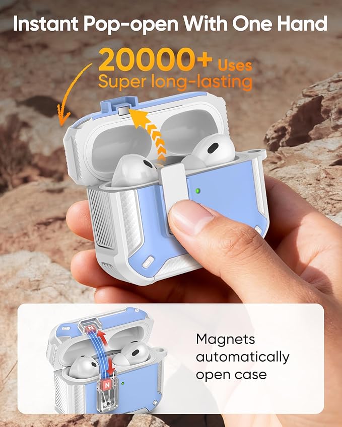 MoKo for AirPods Pro 3 Case with Lock 2025 - Compatible with MagSafe, Phone Stand & Auto Pop-up for AirPods Pro 3rd Generation Case, Military-Grade Protective Cover with Cleaner Kit, Light Blue+White