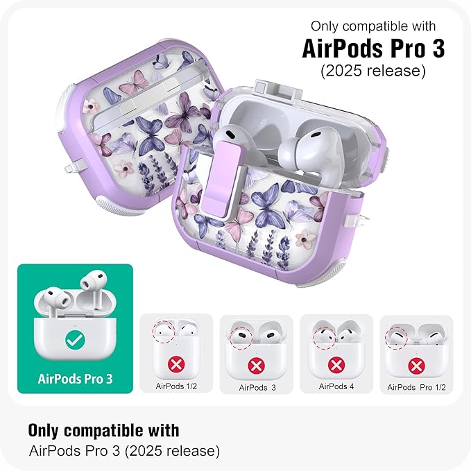 WENEW for AirPods Pro 3 Case (2025) Cover Secure Lock Automatic Snap Switch Clip Cleaner Kit Lanyard Women Stylish Flower Hard Shell Full Body Front LED Visible (Purple Butterfly, AirPods Pro 3)