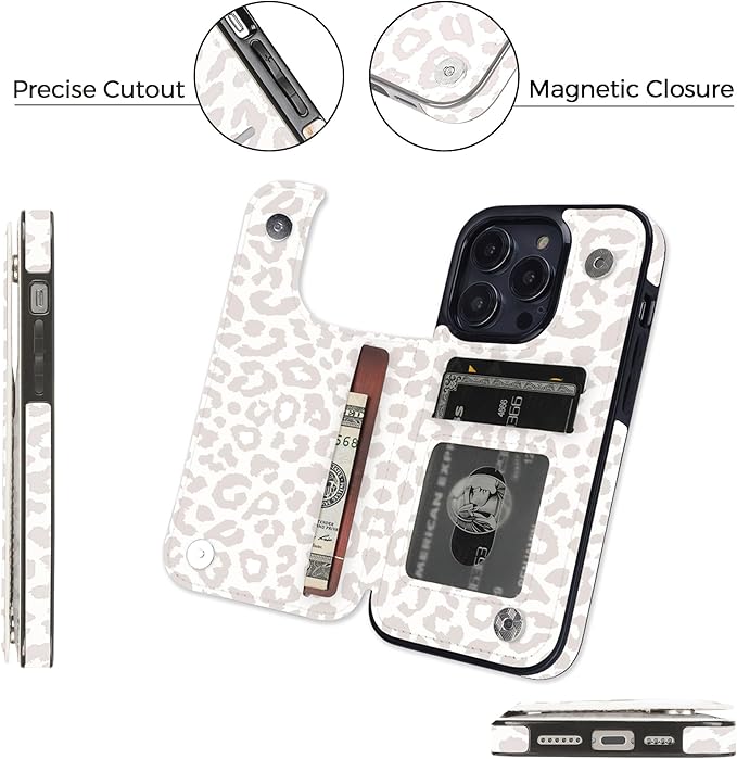 uCOLOR Compatible with iPhone 14 Pro 6.1 Inch Wallet Case with Card Holder Folio Flip PU Leather Kickstand Card Slots Case Double Magnetic Clasp and RFID Blocking Cover (Beige Leopard)