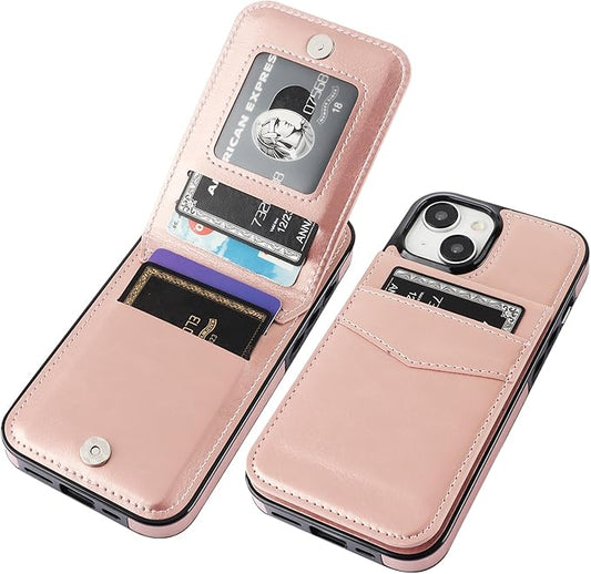KIHUWEY Compatible with 15 Case Wallet with Credit Card Holder, Flip Premium Leather Magnetic Clasp Kickstand Heavy Duty Protective Cover for 15 6.1 Inch (Rose Gold)