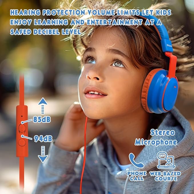 Headphone Kids Volume Limited 85/94dB Wired Over-Ear/On-Earr Foldable Headset with Inline Cable Aux 3.5mm Cord Mic for Toddler Boy Girl Child Back to School Study Pad Tablet Blue