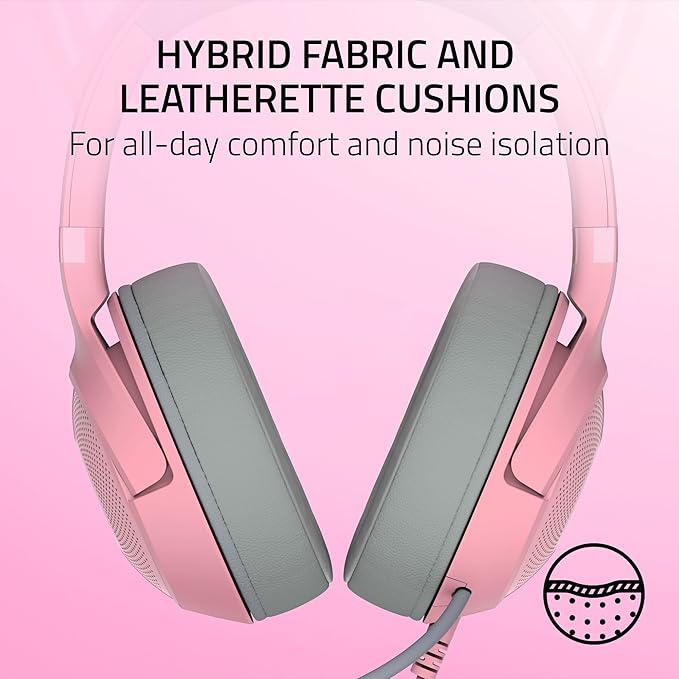 Razer Kraken Kitty V2 USB Wired Headset: Chroma RGB Kitty Ears - Stream Reactive Lighting - HyperClear Cardioid Mic - 40 mm Drivers - 7.1 Surround Sound - Comfortable Ear Cushions - Quartz Pink