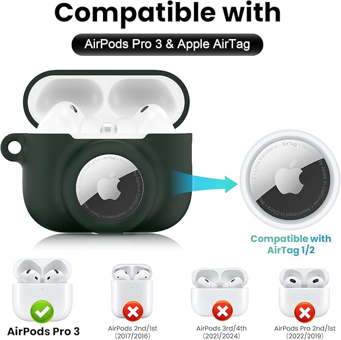 2 in 1 Silicone Case Compatible with AirPods Pro 3 and AirTag 2/1, Shockproof Protective Case Cover for AirPods Pro 3rd Generation 2025 with Cleaner Kit & Carabiner (Dark Green)
