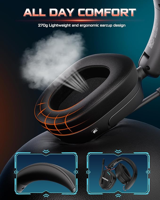 NUBWO Wireless Gaming Headset for PS5, PC, PS4 - Dual 2.4G & Bluetooth Simultaneous Gaming Headphones, EQ Sound Modes, Noise-Canceling Mic, 80-Hour Battery, Comfortable Foldable & Travel Design