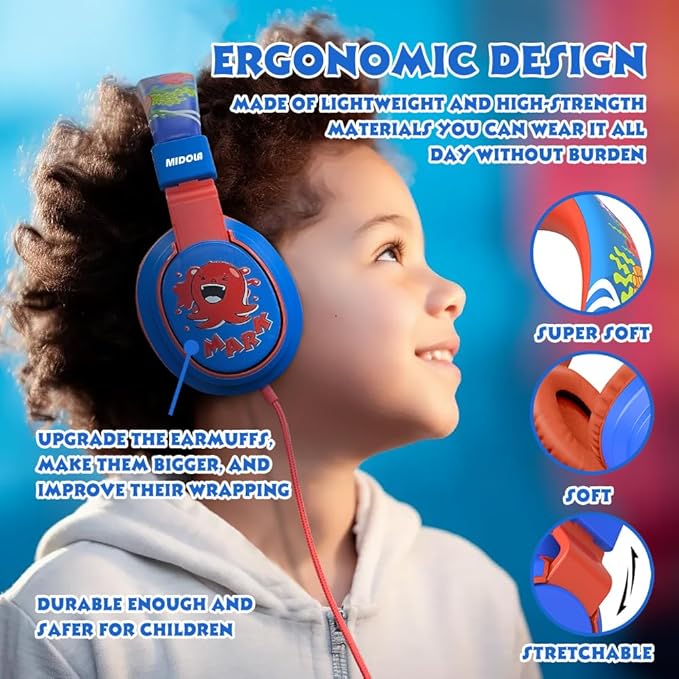 MIDOLA Kids Headphones Volume Limited 85/110dB for Over-Ear Foldable Sound Protection Headset with Mic Inline AUX 3.5mm Cord for Child School Travel Tablet Pad Notebook Cartoon Blue