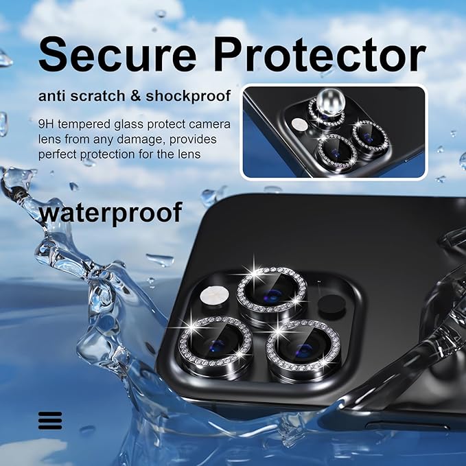 Misea Compatible for iPhone 15 Pro/iPhone 15 Pro Max Camera Lens Protector Bling, 9H Tempered Glass Camera Cover Screen Protector Metal Individual Ring Protector Decoration Accessories, Black Diamond