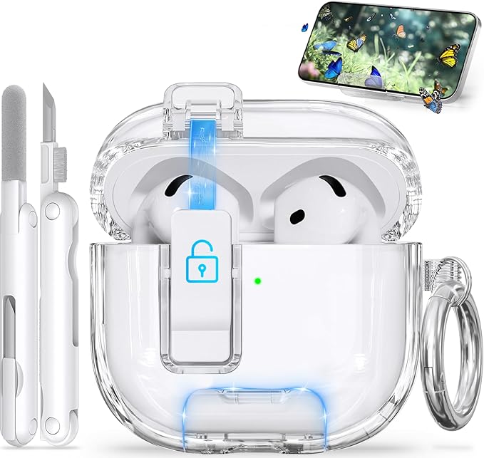 for AirPods 4 Case, Clear AirPod 4 Case Caver with Safety Lock & Phone Stand, Auto-Open Design for Apple AirPods 4th Gen 2024, Anti-Scratch & Shockproof Protective Cover with Cleaner & Keychain