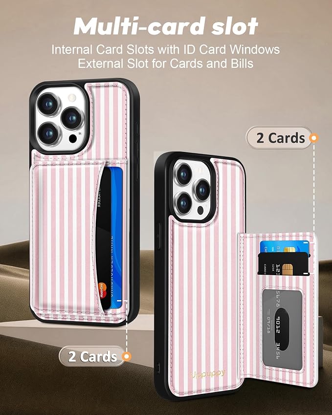 for iPhone 14 Pro Case with Wallet - Fits 4 Card Slots, Compatible with MagSafe for Women Aesthetic Durable PU Leather Credit Card Holder Kickstand Phone Cover for Apple 14 Pro, Stripe