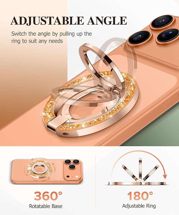 GVIEWIN Magnetic Phone Ring Holder, Compatible with MagSafe Phone Grip with Adjustable Stand, Magnet Phone Ring Kickstand for iPhone 17/16/15/14/13/12 Pro Max Plus Air/Other Phones (Glitter/Orange)