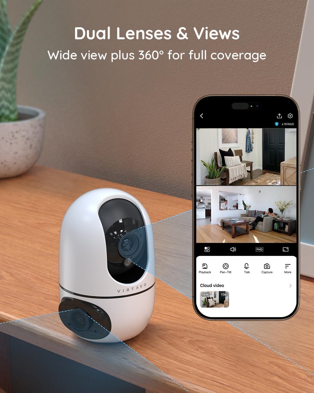 Indoor WiFi Security Camera Dual-Lens 360° PTZ No Subscription Motion Tracking and Night Vision
