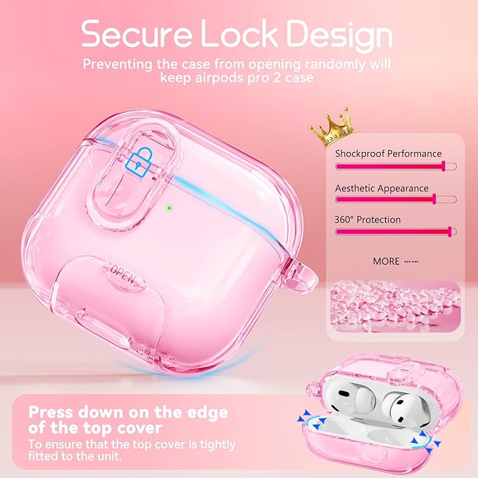 Clear Case for Airpods Pro 2 Case Cover with Safety Lock,Soft TPU Cover with Phone Stand & Cleaning Kit,Cute Bling Keychain for Women Girls-Clear Pink