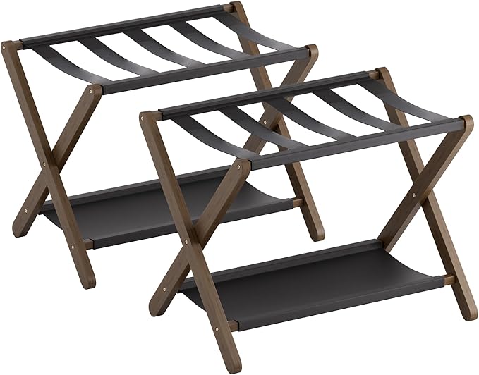 Luggage Rack, Set of 2, Folding Suitcase Stand with Storage Shelf, Premium Bamboo Luggage Holder for Guest Room, Bedroom, Hotel, Closet, Holds up to 135 lb (Walnut)