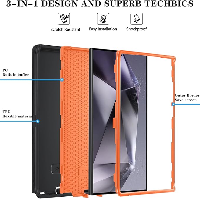ONOLA Compatible with Samsung Galaxy S24 Ultra Case with HD Screen Protector, Heavy Duty Shockproof & Dropproof 3-Layer Cover Phone Case,BlackOrange