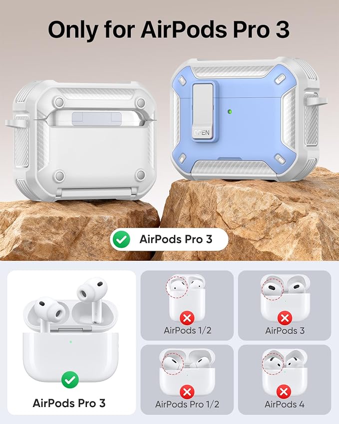 MoKo for AirPods Pro 3 Case with Lock 2025 - Compatible with MagSafe, Phone Stand & Auto Pop-up for AirPods Pro 3rd Generation Case, Military-Grade Protective Cover with Cleaner Kit, Light Blue+White