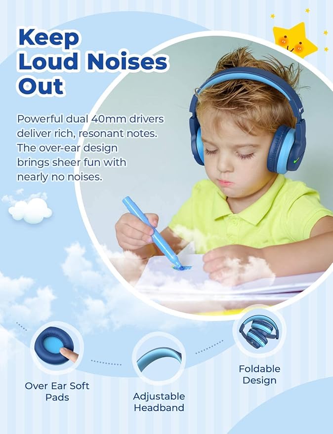 iClever BTH12 Kids Bluetooth Headphones,Colorful LED Lights Kids Headphones Wireless,74/85dBA Safe Volume,85H Playtime,Fast Charging,Bluetooth 5.2,Over Ear,Built-in Mic for iPad/Tablet/Airplane,Blue