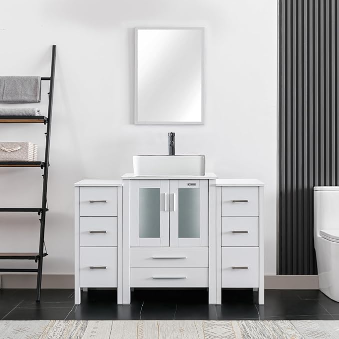 eclife 48" Modern Bathroom Vanity Sink Combo Freestanding Cabinet with Small Side Cabinet, White Black Ceramic Vessel Sink, Water Save Faucet, Drain (White+T03BK)