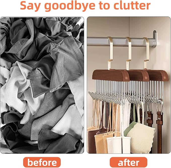 4 Pack Wooden Tie Hanger,Belt Racks with Hooks,Tank Top Hangers,Bra Hanger for Closet Space Saving Wood Hangers,Closet Organizers and Storage for Belts/Bras/Tank Tops/Ties/Scarves/Purses