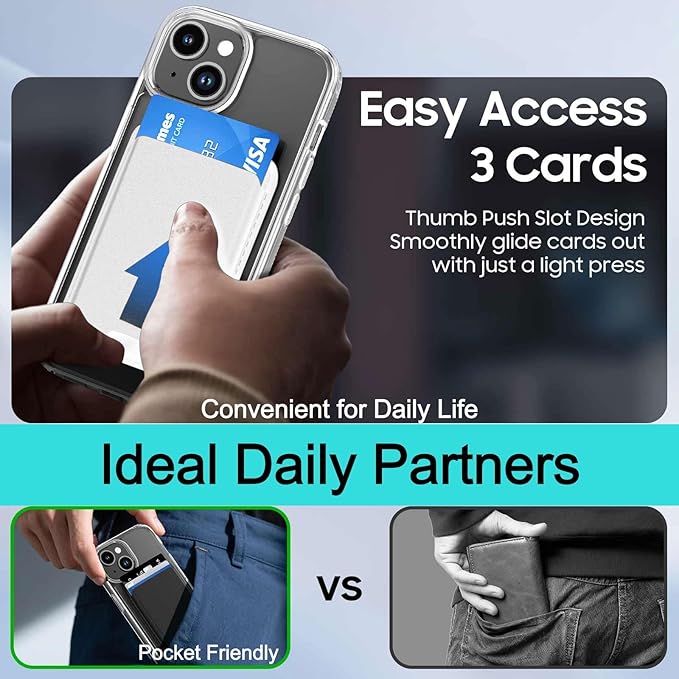 Magnetic for iPhone 14 Case & iPhone 13 Case Clear with White Card Holder, Compatible with MagSafe, Slim Shockproof Phone Cover with Detachable Wallet, Built-in Magnet Ring
